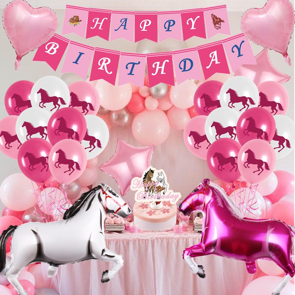 Pink Horse Birthday Decorations Girls - 49 Pieces Pink Horse Foil and Latex Balloons Happy Birthday Banner Cake Topper Cupcake Toppers, Western Cowgirl Party Supplies for Girls - Image 3
