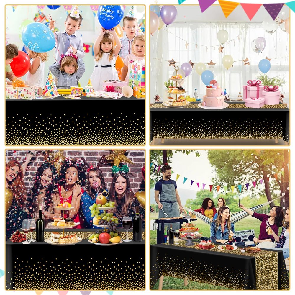 FUYOAL 6 Pieces Black and Gold Table Cloth, Disposable Party Table Cloth Plastic Tablecloth Dot Confetti Party Table Cover for Picnic Baby Shower Halloween Christmas(54" x 108") - Image 2