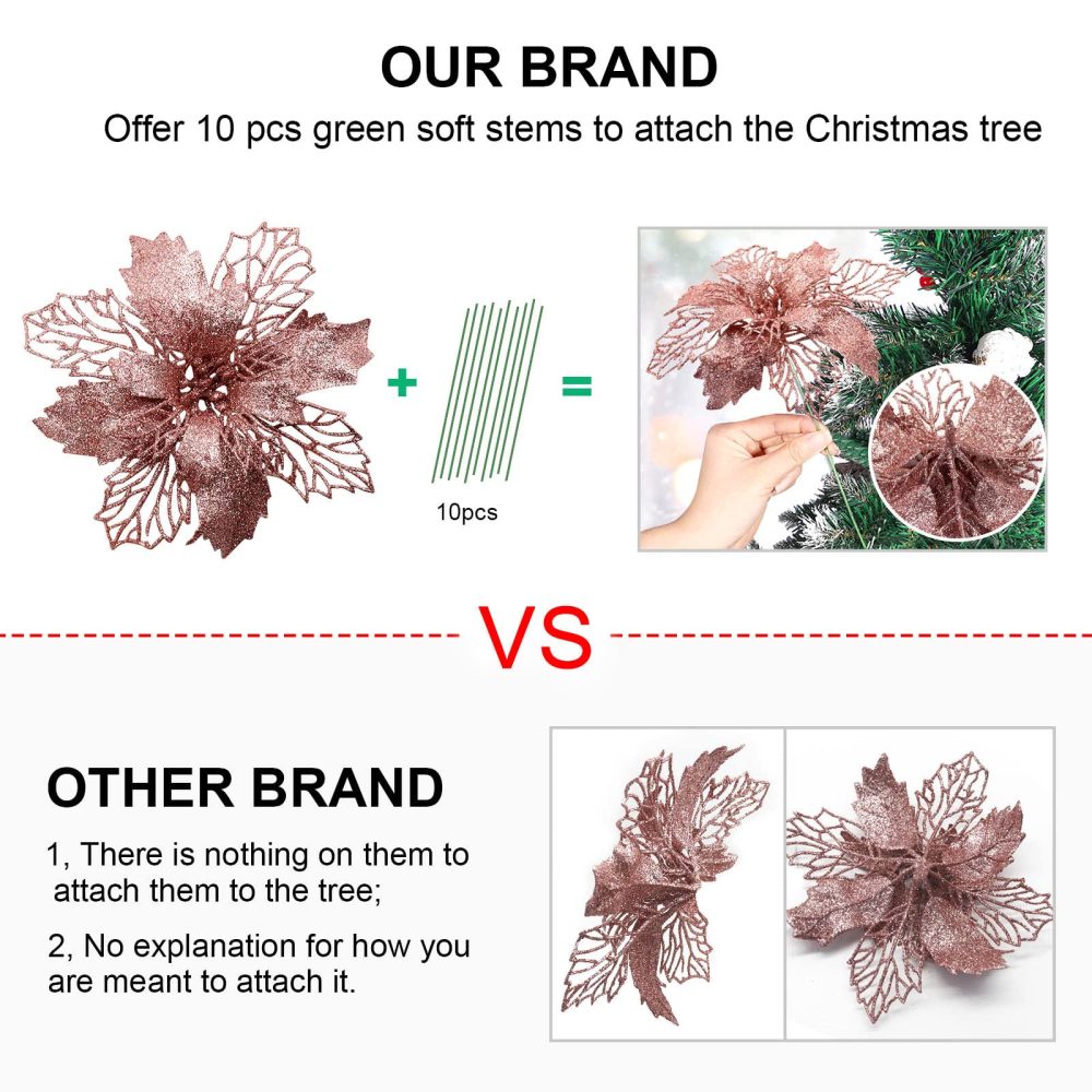 Yueshop 10 PCS Christmas Flowers Large (15CM) Poinsettia Glitter Flower Christmas Tree Hanging Party Xmas Decor (White) - Image 7