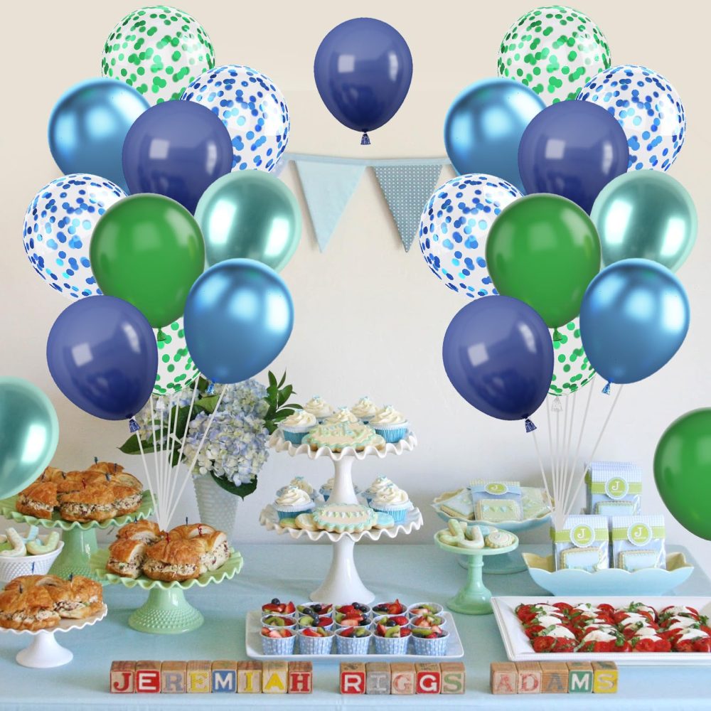 Blue and Green Balloon Set, 12 Inch Navy Blue Dark Green Balloon Metallic Chrome Green Blue Balloons, Confetti Green Blue Balloons for Jungle Safari Theme Boys Birthday Party Decorations - Image 2