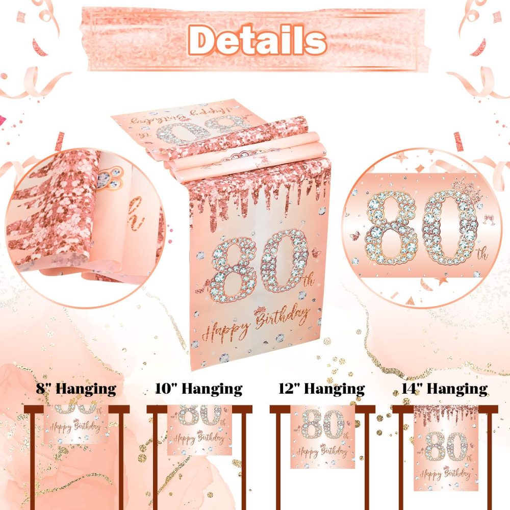 80th Birthday Table Runner for Women Her Rose Gold Happy 80th Birthday Table Runner 80 Years Old Birthday Celebration Party Decorations Non-Slip Dining Table Linen Cover Cloth Decor, 180x35cm Long - Image 7
