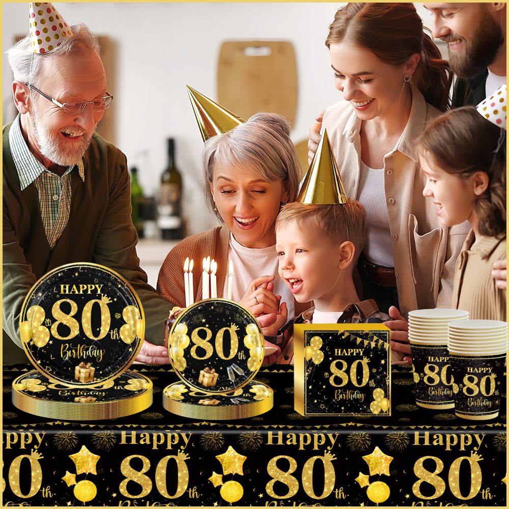 69pcs Black Gold 80th Birthday Decorations for Men Women,80th Birthday Tableware Tablecloth Paper Plates Napkins Serviettes and Cups for 80th Birthday Table Decorations for Him,Her 80th Birthday Gifts - Image 2