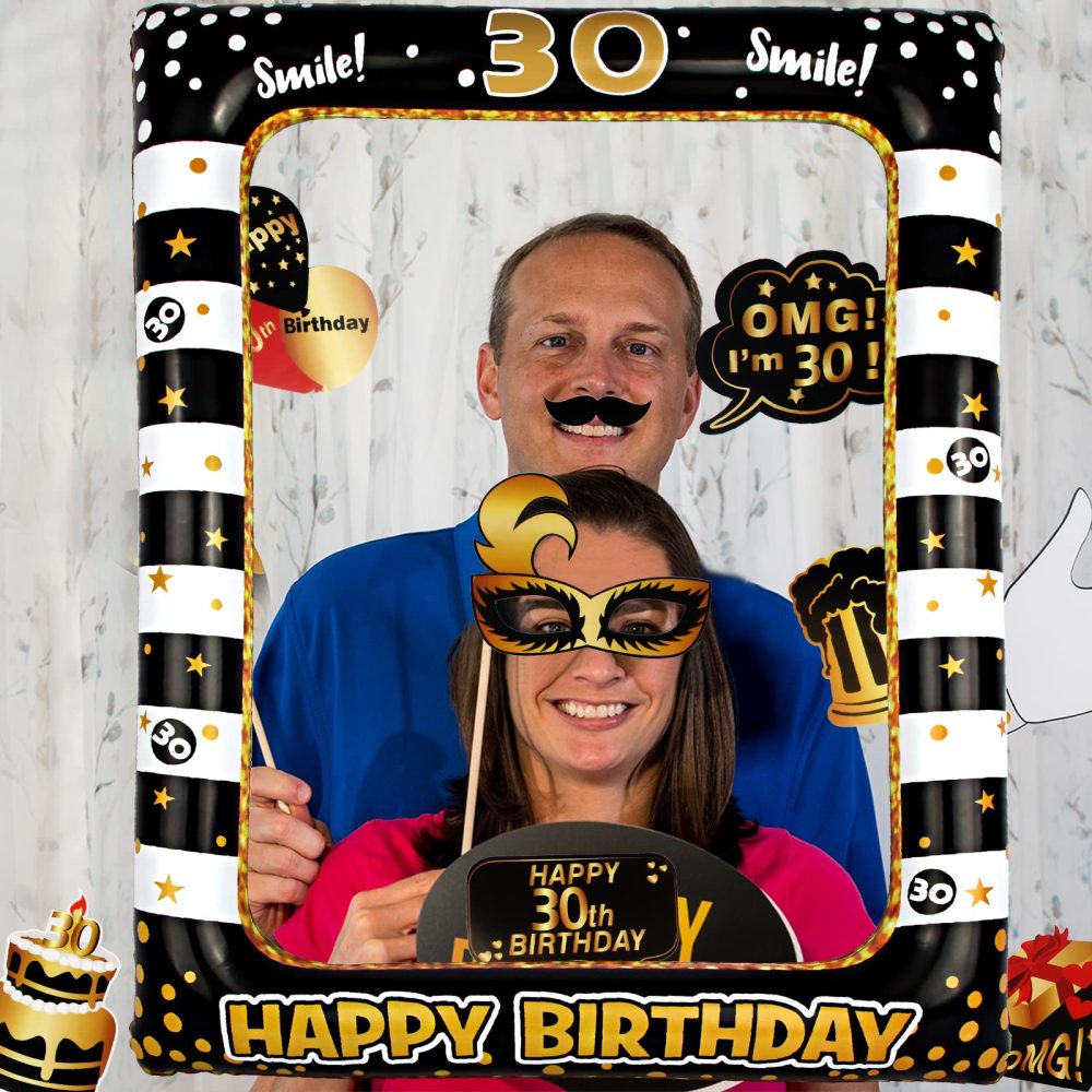 30th Birthday Photo Booth Frame, KissDate 30th Inflatable Selfie Frame and 26PCS 30th Birthday Photo Booth Props, Black Gold 30th Birthday Decorations 30th Props Party Supplies for Ladies Men Women - Image 4