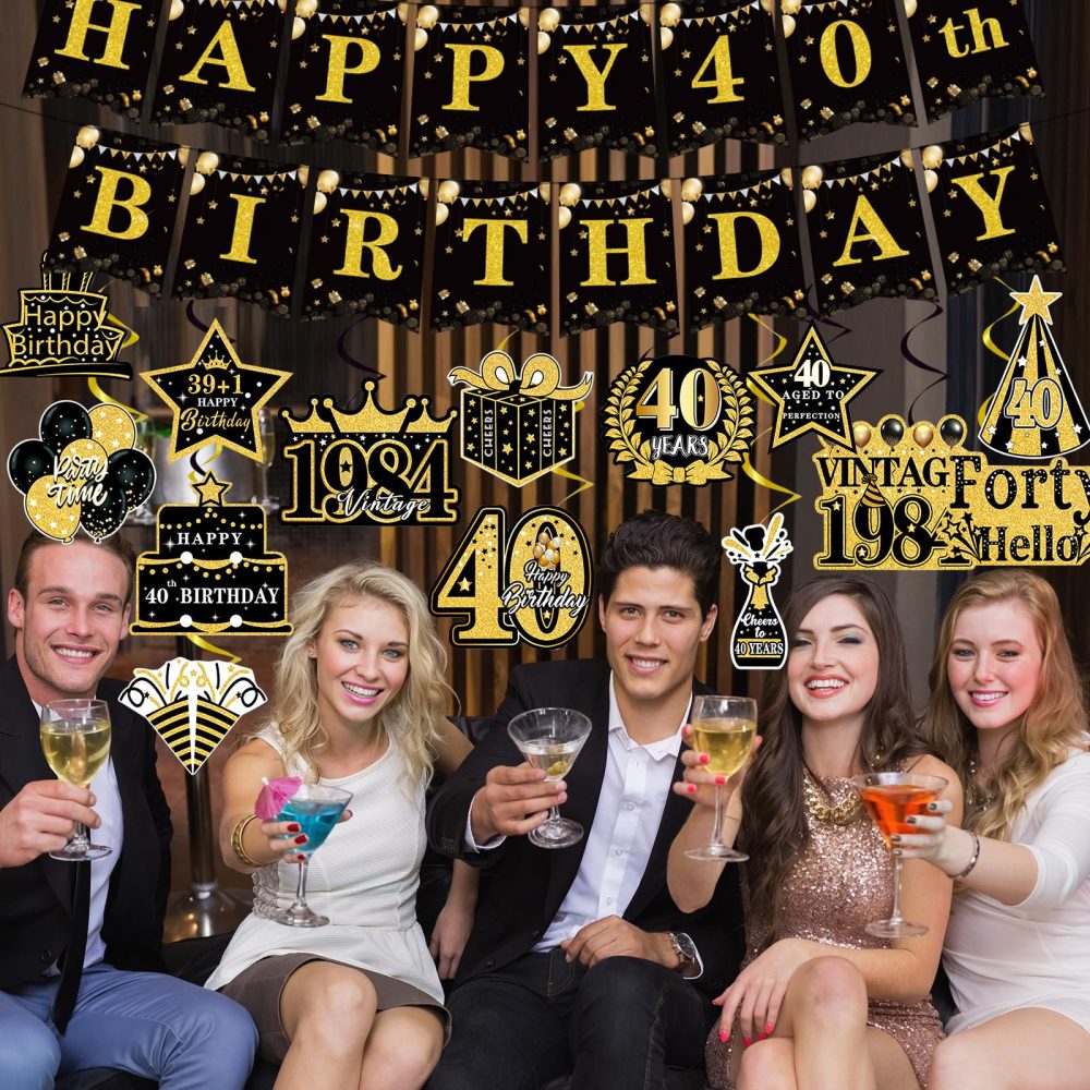 Luvart 40th Birthday Decoration - 40th Birthday Party Decorations 40th Birthday Hanging Swirls Decorations Happy 40th Birthday Banner Black Gold 1984 40th Birthday Supplies for Men Women - Image 3