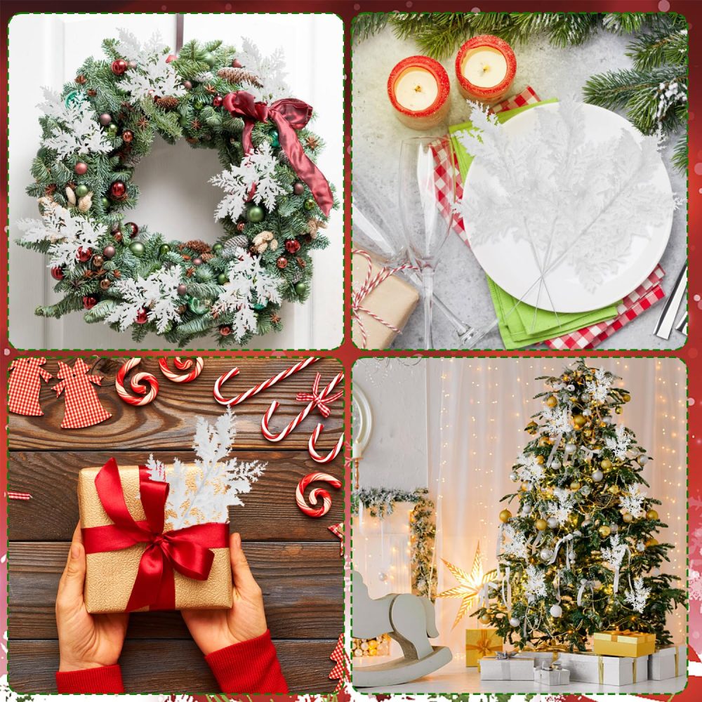 VEYLIN 10 Pcs Artificial Christmas Leaves Picks, White Glitter Leaves for Xmas Tree Wreath Festival Decoration - Image 3
