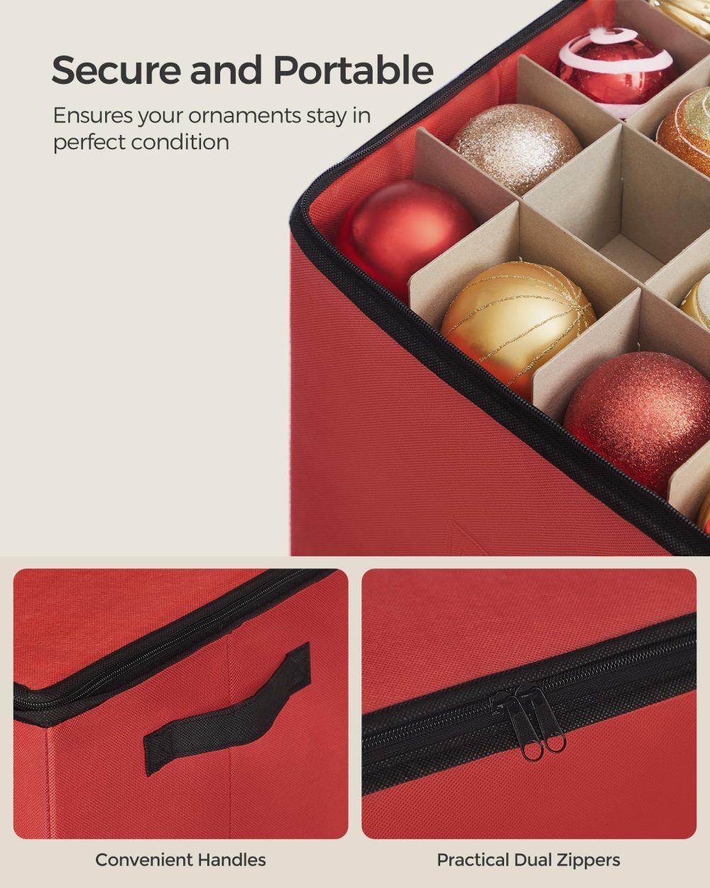 SONGMICS Christmas Decoration Storage Box, 7.6 cm 64 Slots, Stackable Christmas Bauble Storage Box with Lid, Dual Zippers, Adjustable Dividers, Non-Woven Fabric, Cherry Red RFB036R01 - Image 2