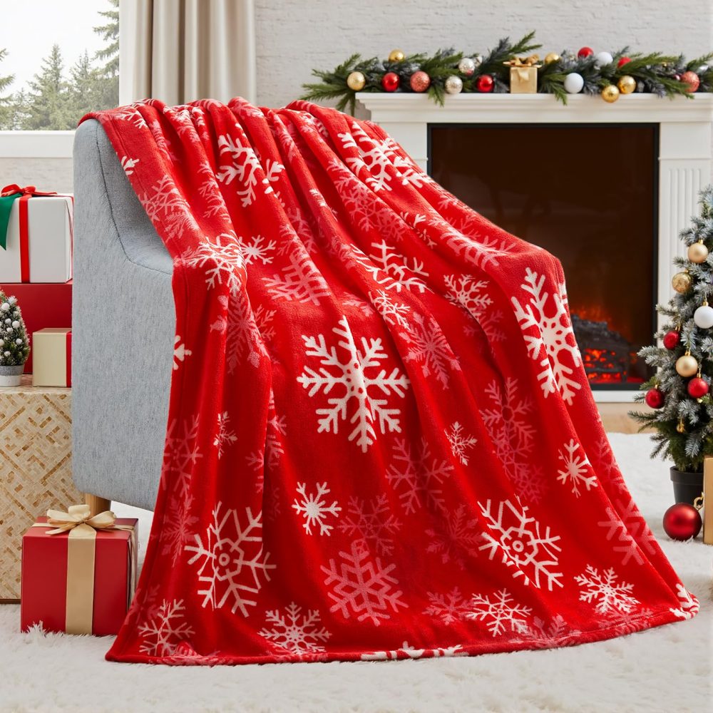 Joiedomi Red Snowflake Christmas Throw Blanket (130x150cm), Soft Flannel Blanket, Warm Plush Christmas Decoration, Winter Cozy Holiday Cabin Throw for Sofa Couch