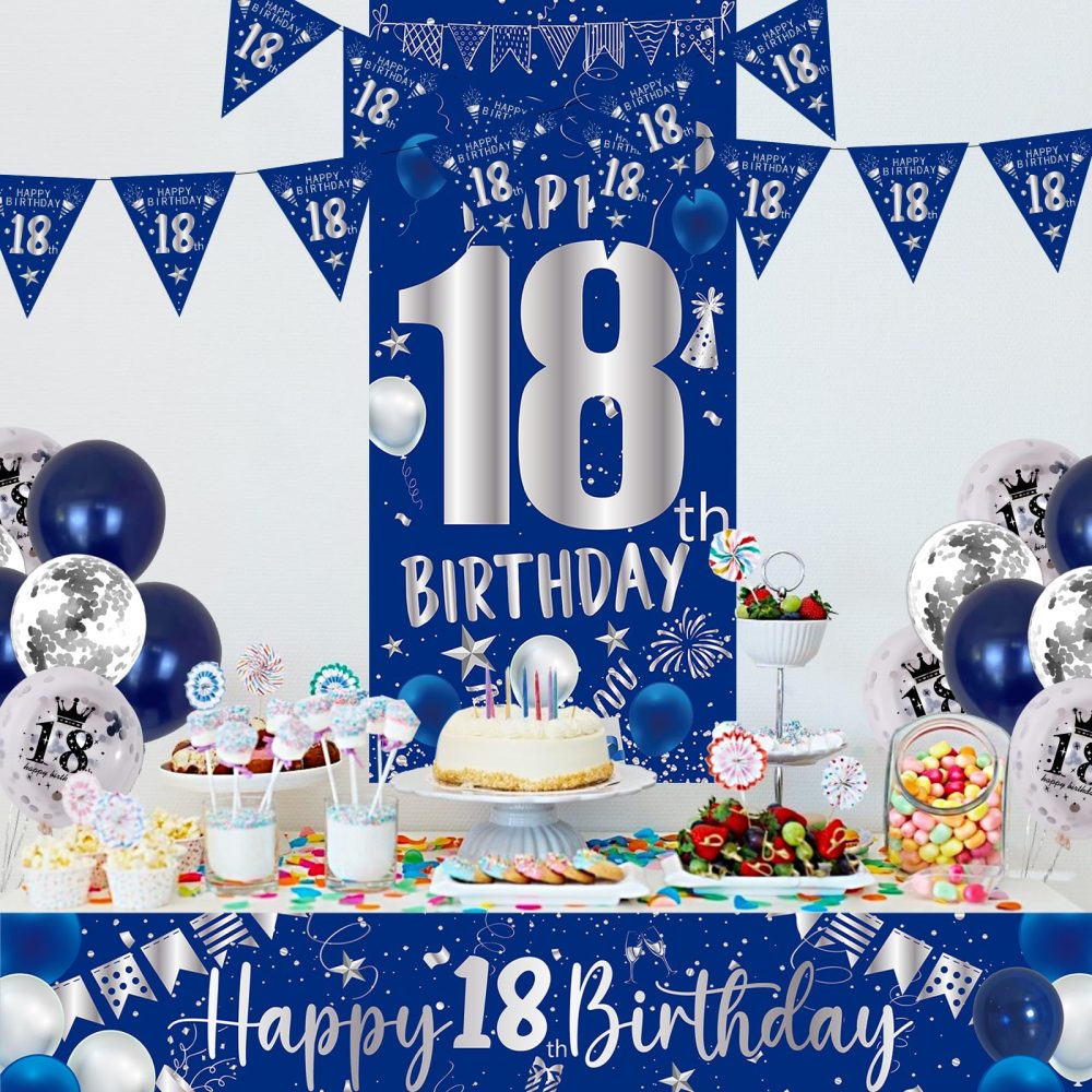 18th Birthday Decorations for Boys Girls Blue and Silver Happy 18th Birthday Banner 18th Birthday Balloons Happy Birthday Backdrop Door Banner Triangle Flag Confetti Balloons 18th Party Supplies - Image 7