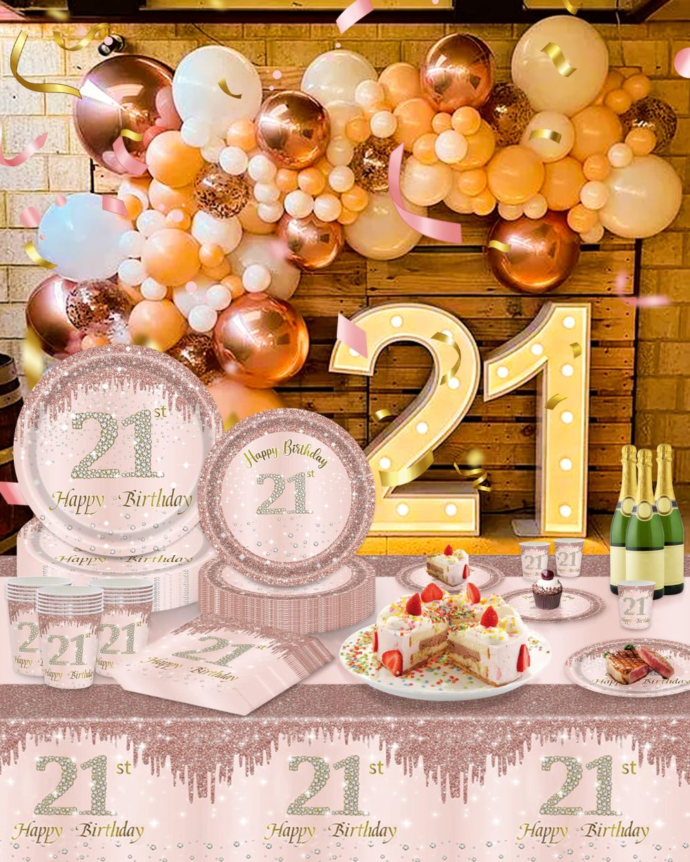VReder Rose Gold 21th Birthday Decorations Party Tableware Set, Disposable Paper Party Plates Cups Napkins Tablecloth for Girls 21st Birthday Party Decorations Table Supplies 16 Guests - Image 5
