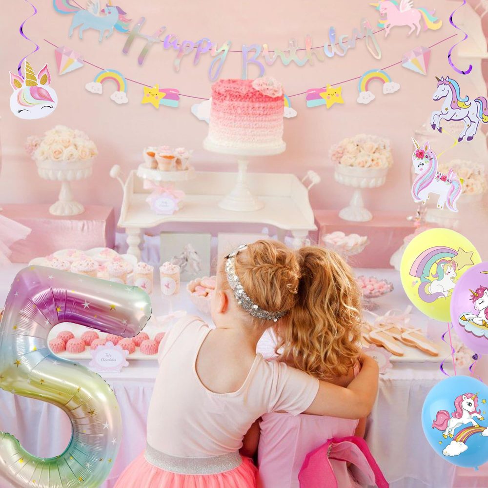 Unicorn 5th Birthday Decorations Girl - 24 Pieces Unicorn Party Decorations, Happy Birthday Banner, Number 5 Foil Balloon, Pull Flower, Hanging Swirl, Unicorn Birthday Party Supplies for Kids Girls - Image 3