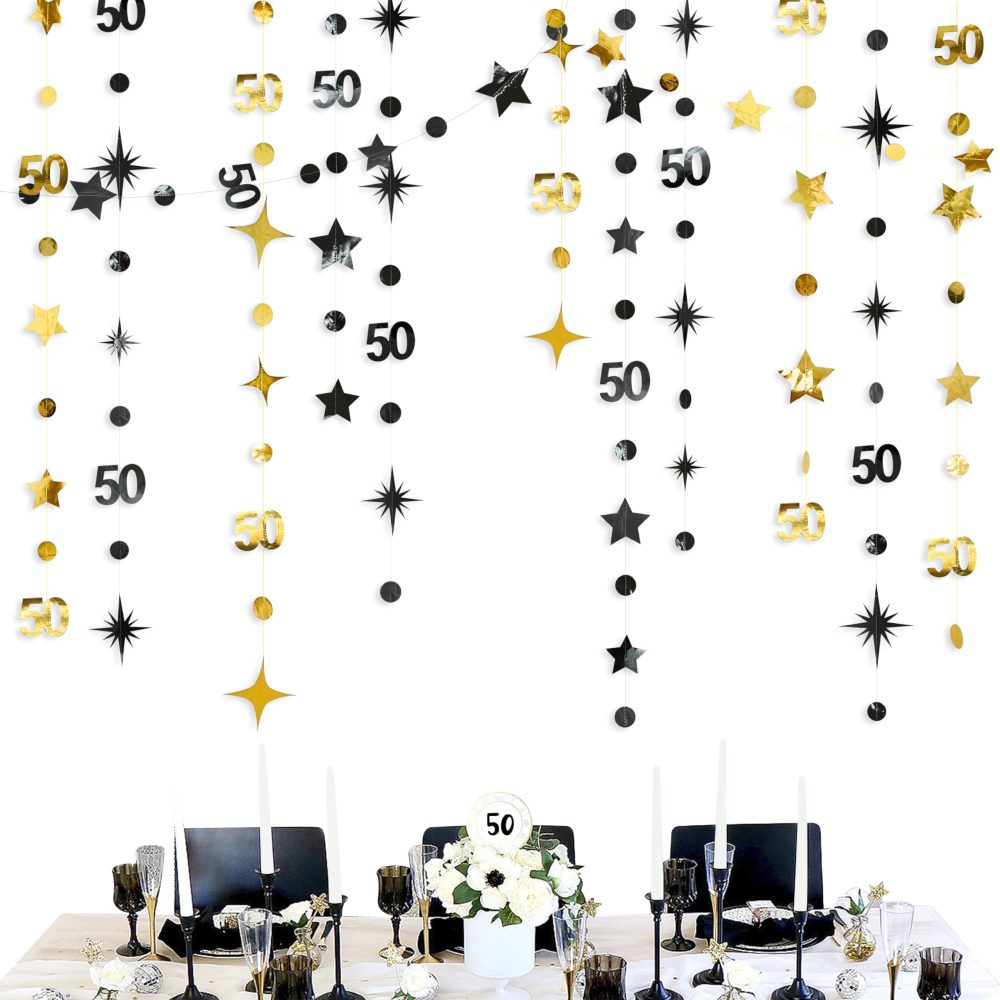 Black Gold 50th Birthday Decorations Number 50 Circle Dot Twinkle Star Garland Metallic Hanging Streamer Banner Backdrop for Women Mens 50 Years Old Birthday Happy 50th Anniversary Party Supplies