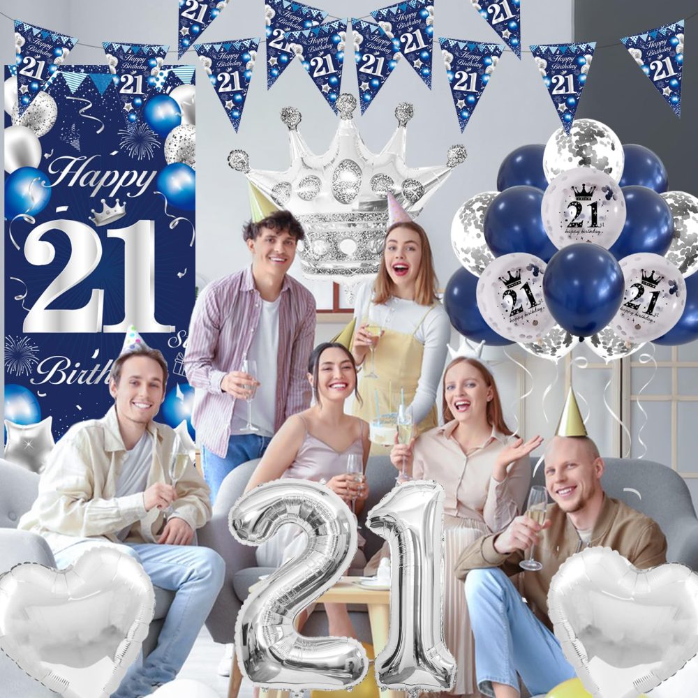 21th Birthday Decorations for Boys Girls Blue and Silver, 21th Birthday Banner Balloons Birthday Balloons Happy Birthday Backdrop Door Banner Number 21 Foil Balloons Party Decorations - Image 4