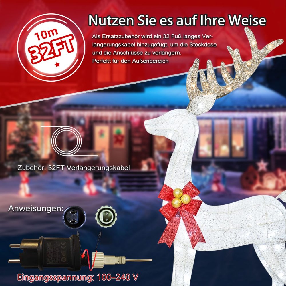 HOYECHI Lighted Christmas Decoration Deer 3 Piece, Light up Christmas Decor Reindeer Family Set for Indoor Outdoor Front Yard Porch with LED Lights, Plug, Extension Cord, Ground Stakes - White - Image 2