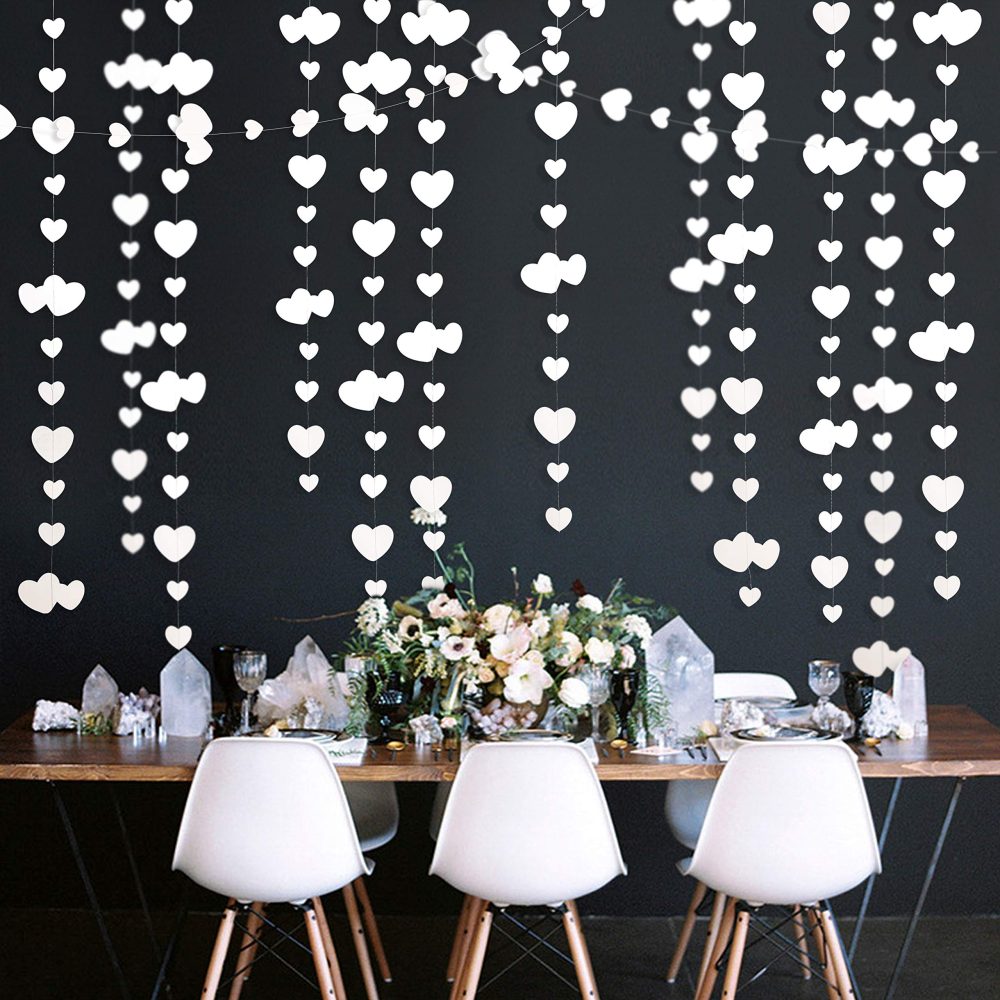52 Ft White Heart Party Decorations Kit Double Sided Paper Hanging White Heart Banner for Birthday Wedding Engagement Bridal Shower Showcase Home Rome Garden Party Outdoor Decorations (4 Packs)
