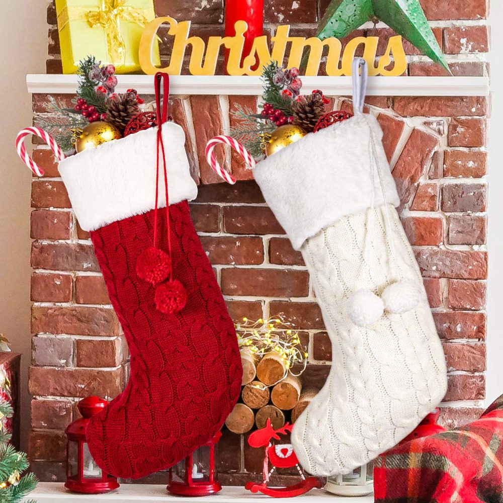 Whaline Knitted Christmas Stockings Large Size Xmas Hanging Stocking Red White Cable Knit Stocking Candy Gift Bags with Pompom for Family Christmas Holiday Decoration, 2 Pack - Image 2