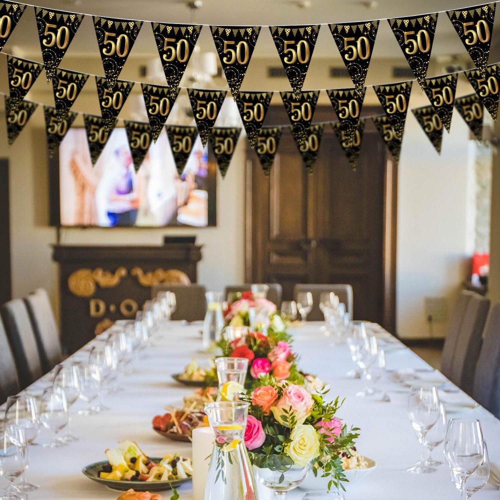 Frienda Happy Birthday Banner Bunting Flags 5 Pieces Gold and Black Glitter Birthday Anniversary Party Decoration Supplies, 7.4 x 10.8 Inch (50th Birthday) - Image 3