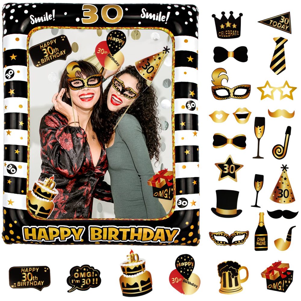 30th Birthday Photo Booth Frame, KissDate 30th Inflatable Selfie Frame and 26PCS 30th Birthday Photo Booth Props, Black Gold 30th Birthday Decorations 30th Props Party Supplies for Ladies Men Women