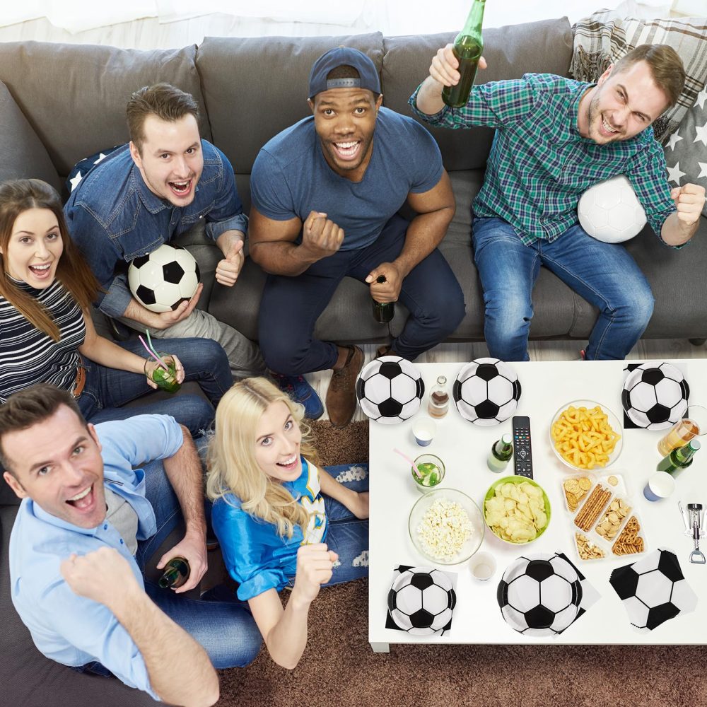 PARTY GO 96 Pcs Football Party Tableware Set, Paper Plates Cups and Napkins, Disposable Dinnerware Party Supplies for Birthday, Black White Football Soccer World Cup Decorations Serve 24 Guests - Image 3
