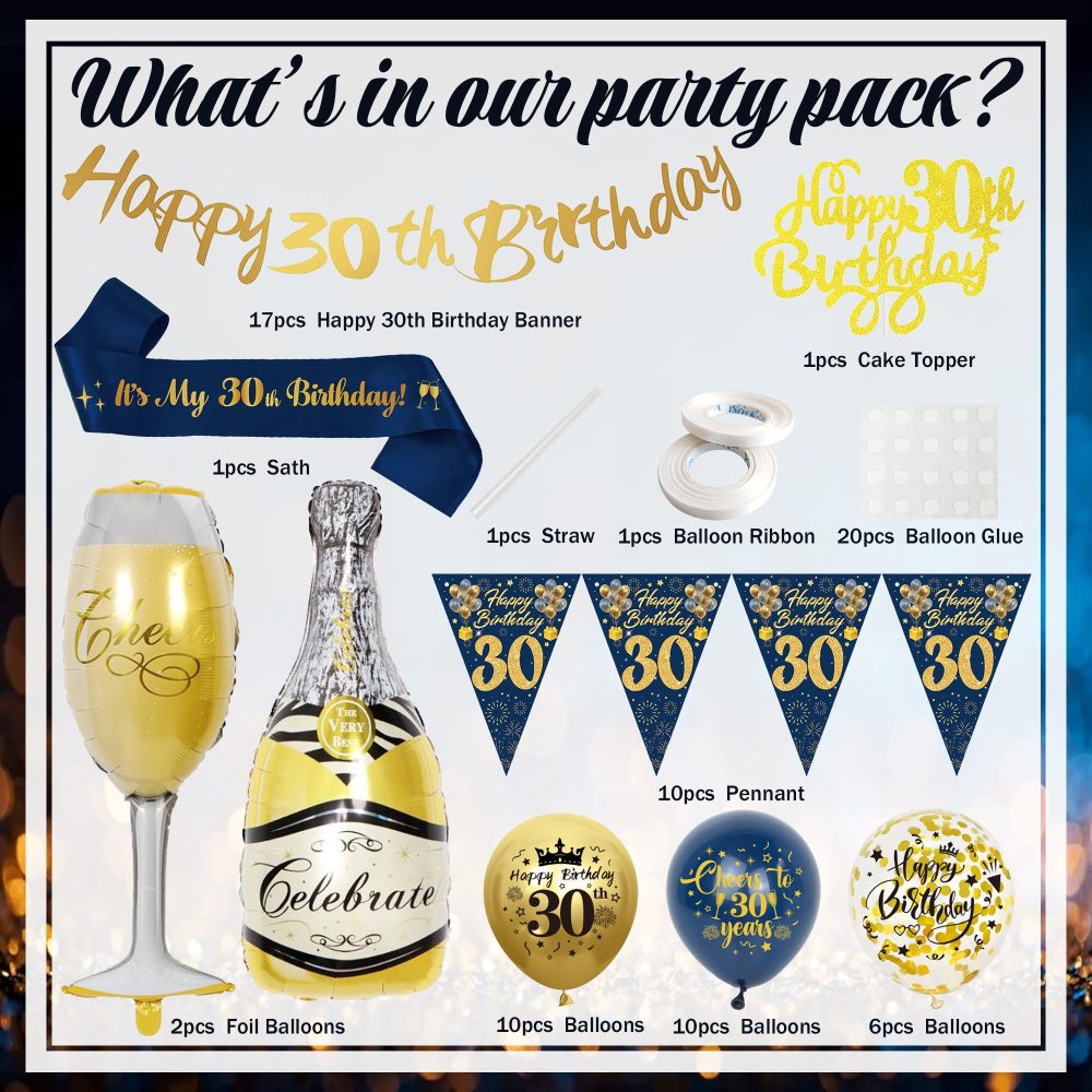 30th Birthday Decorations for Men - Blue Gold Happy 30th Birthday Banners Cake Topper Pennant Latex Balloons Wine Bottle Balloon Sash for 30th Birthday Party Supplies - Image 7