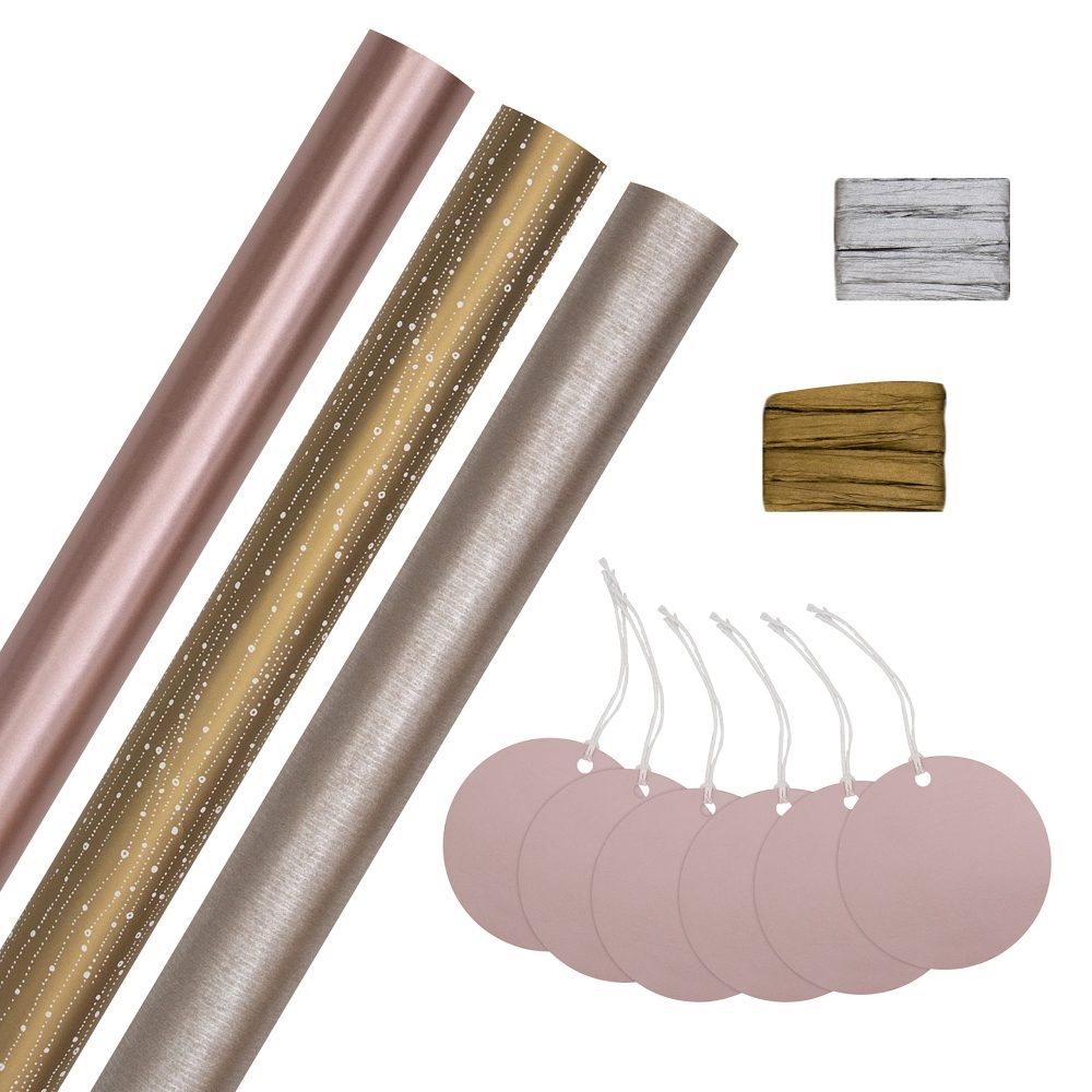 Hallmark Christmas Gifting Compendium, 3 Pack Wrapping Paper, 2M Each, 6 Gift Tags, 2 Raffia Ribbons, Gold, White, Rose Gold Compendium Pack