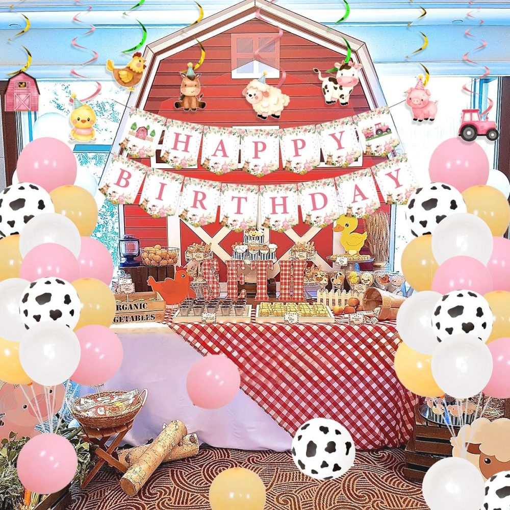 Kreatwow Pink Farm Animals Birthday Decorations for Girls Farmhouse Floral Theme Happy Birthday Banner Cow Pig Donkey Balloons Hanging Swirls Cake Cupcake Toppers for Kids Barnyard Theme Bday Party - Image 5