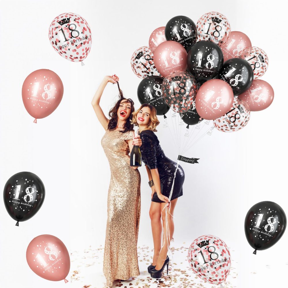 Rose Gold Black 18th Birthday Decorations for Girls, 15Pcs Happy 18th Birthday Helium Latex Balloons, Black Rose Gold Confetti 18th Balloons for Girls Age 18 Years Old Birthday Party Decor Supplies - Image 6