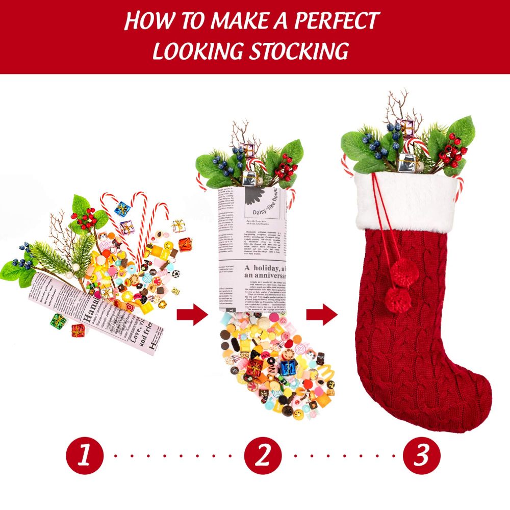 Whaline Knitted Christmas Stockings Large Size Xmas Hanging Stocking Red White Cable Knit Stocking Candy Gift Bags with Pompom for Family Christmas Holiday Decoration, 2 Pack - Image 6