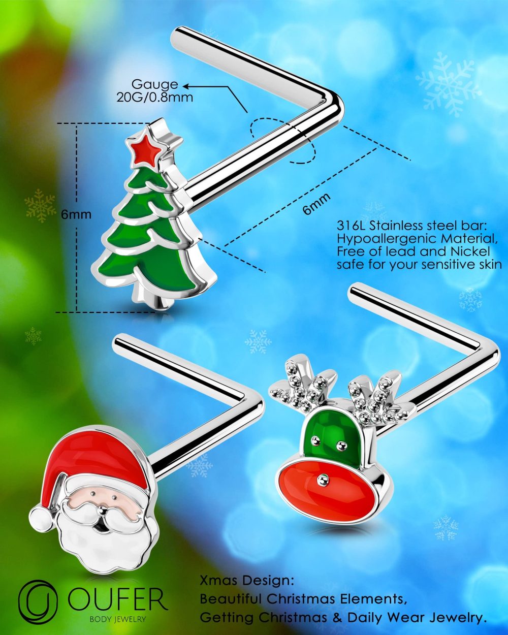 OUFER 3pcs 20G Christmas Nose Rings Pack L Shape Nose Studs Piercing Jewellery Santa Claus Surgical Steel Helix Earrings Traugs Women Men Gifts - Image 3