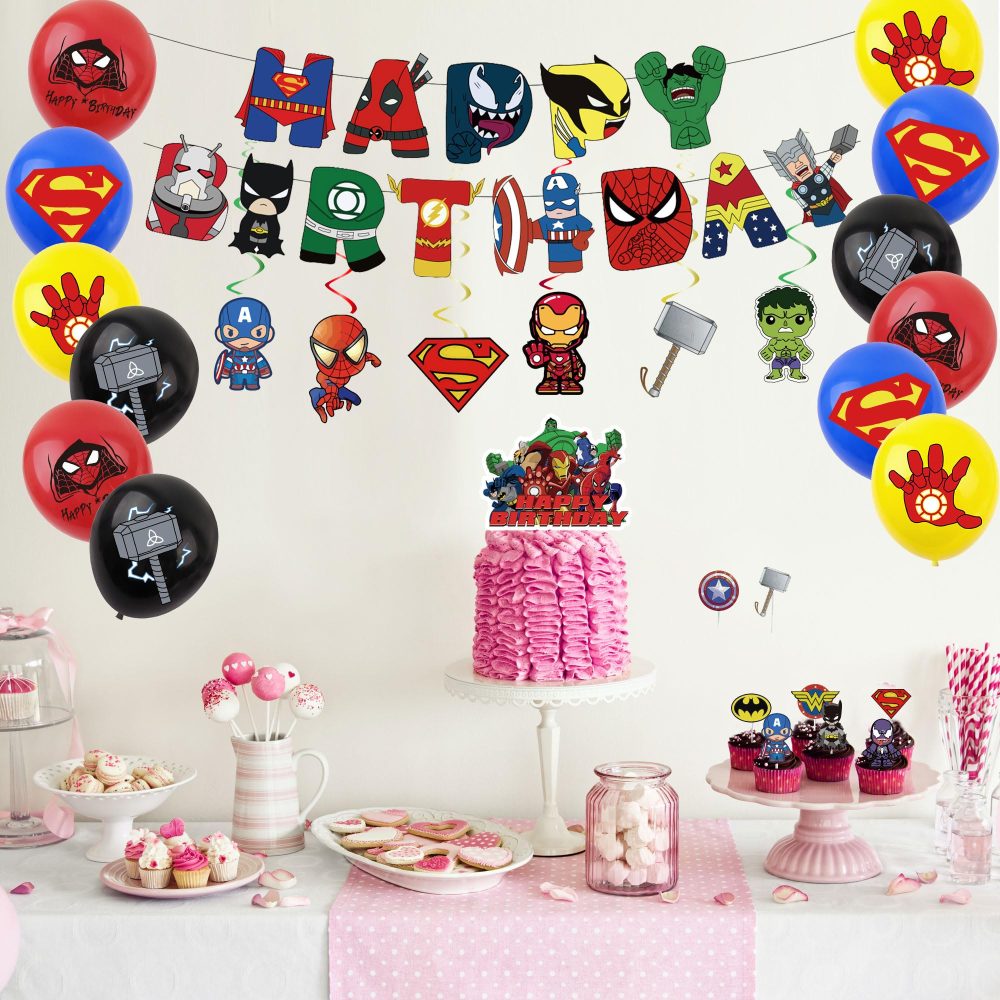44Pcs Superhero Avengers Birthday Decorations for Boys Home Super-Hero Party Balloons,Happy Birthday Banner Bunting,Cake Toppers,Hanging Swirls for Kids Baby Shower Cartoon Theme Party Supplies - Image 2