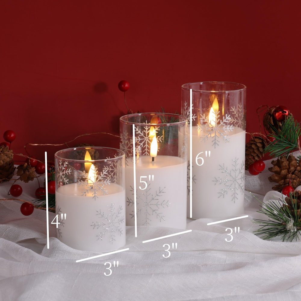 Eywamage Clear Snowflakes Glass Flameless Candles with Remote, Battery Operated Christmas LED Pillar Candles Set of 3 - Image 6