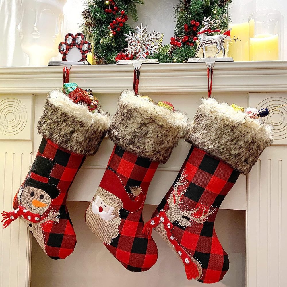 GUDELAK Christmas Stocking Set of 3, 46CM Large Christmas Stockings,18 inch Buffalo Plaid Xmas Stockings with Snowman,Reindeer,Santa Claus Patterns Fireplace Christmas Decorations
