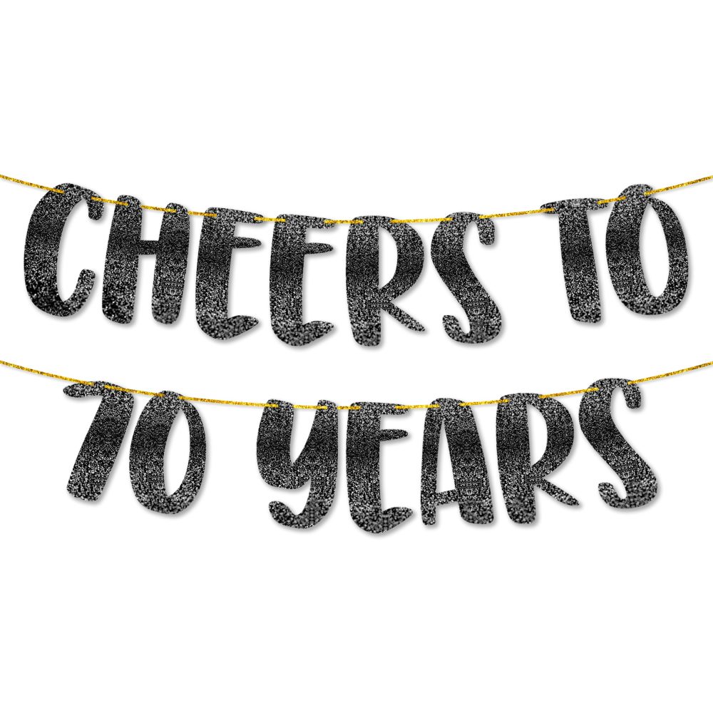TOYVENTURES Cheers to 70 Years Black Glitter Banner - Happy 70th Birthday Party Decorations 8 Feet, 70th Wedding Anniversary Party Supplies - Milestone Celebration Decor - Pre-strung, No DIY Required