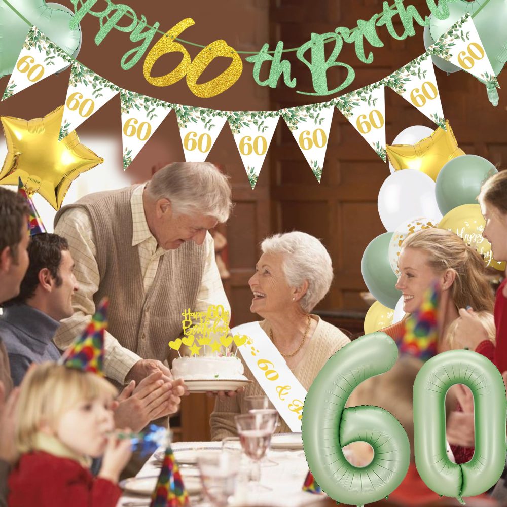 60th Birthday Decorations for Women - 49 Piece Green Gold 60th Birthday Balloons Set with Happy Birthday Banner, Confetti, Foil Balloon, Cake Topper, 60 Years Old Party Supplies for Women Men - Image 3