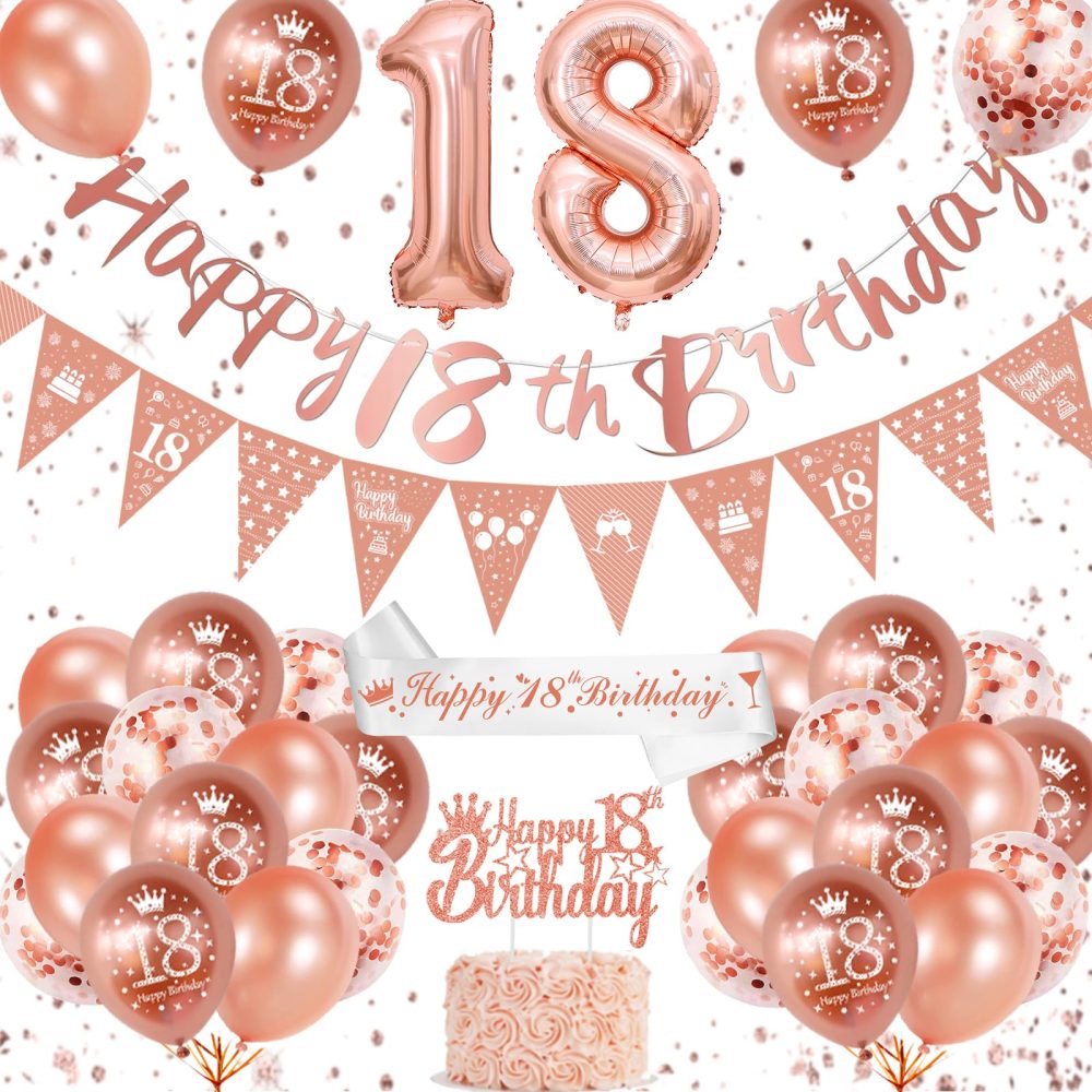 18th Birthday Decorations, Rose Gold 18th Birthday Decorations for Girls,Happy 18th Birthday Banner Triangle Flag Bunting 18th Birthday Sash 18 Balloons Cake Topper for Happy 18 Party Supplies Favor
