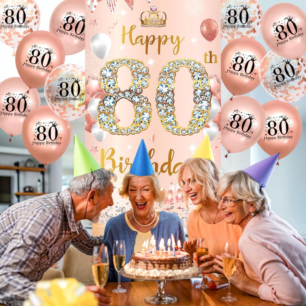 Rose Gold 80th Birthday Decorations Banner for Women, Happy 80th Birthday Door Banner with 18pcs 80th Balloons for Women 80th Birthday Anniversary Party Backdrop Decor Supplies Sign Porch Background - Image 6