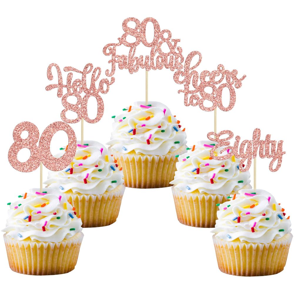 30Pcs Happy 80th Birthday Cupcake Toppers Eighty Cheers to 80 Years Old Birthday Cupcake Picks for Happy 80th Birthday Anniversary Party Cake Decorations Rose Gold Glitter