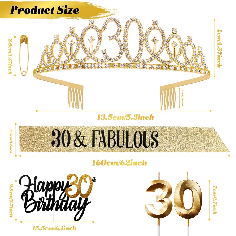 30th Birthday Sash and Tiara Crown Gold 30th Sash Rhinestone Tiara Crown 30th Birthday Number Candles Cake Toppers for Women 30th Birthday Gift Party Decorations Supplies - Image 7