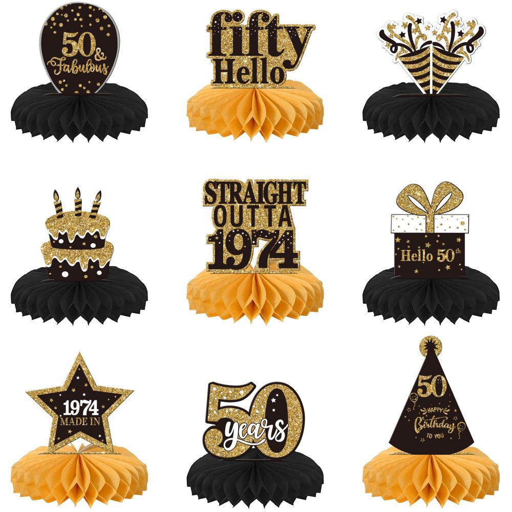 Xsstarmi 9 Pack 50th Happy Birthday Honeycomb Centerpieces Straight Outta 1974 Fifty Hello 50 Fabulous 50 Years Table Toppers Decorations for Happy Birthday Theme 50th Birthday Party Supplies
