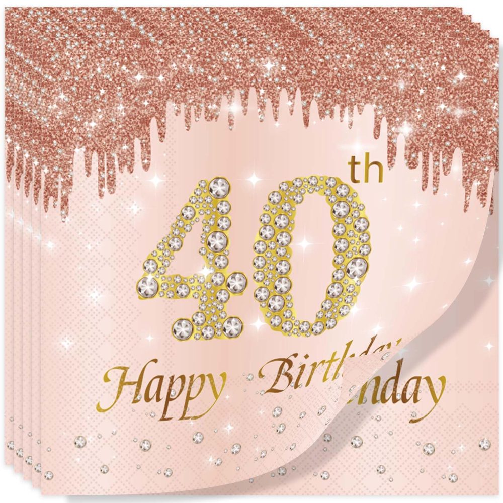 Rose Gold Happy 40th Birthday Napkins, Women 40th Birthday 20Pcs Party Paper Napkins Disposable,Her 40th Birthday Gifts Party Supplies,Tableware Decorations ,Birthday Serviettes Tissue Luncheon Dinner