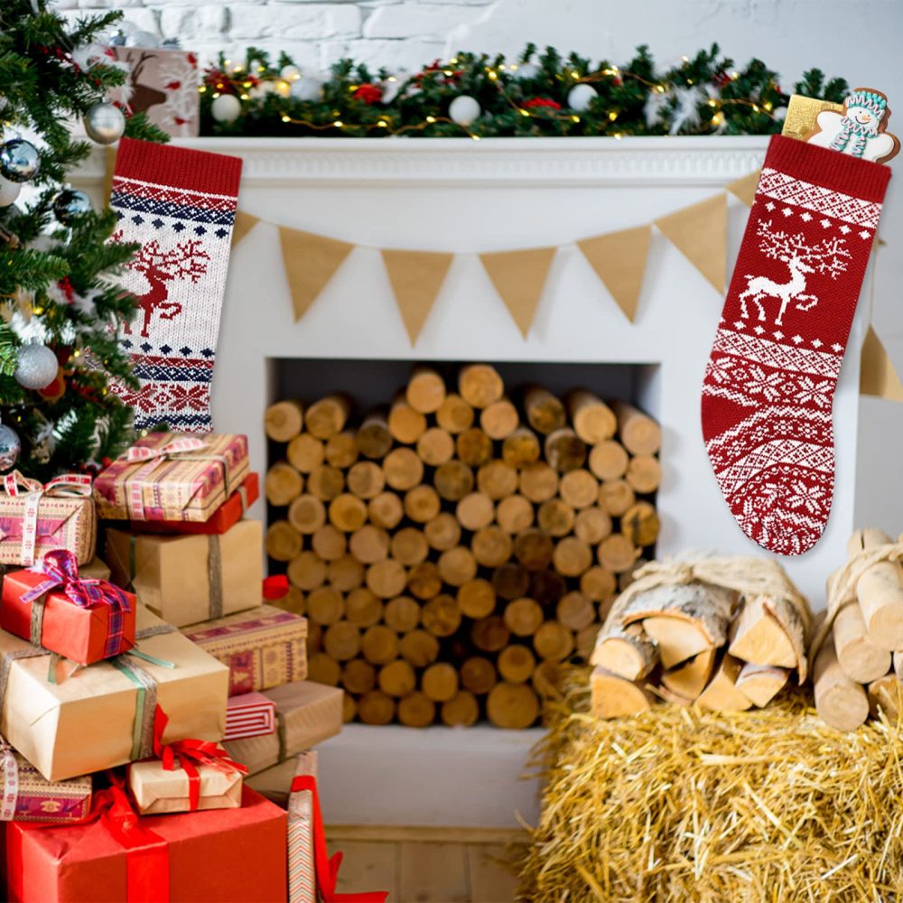 Knitted Christmas Stockings Set of 2, 18 inch Large Christmas Stocking Personalised Knitted Xmas Stocking Hanging for Fireplace Christmas Tree Decorations Sack, Santa and Reindeer Theme Gift Bags - Image 4