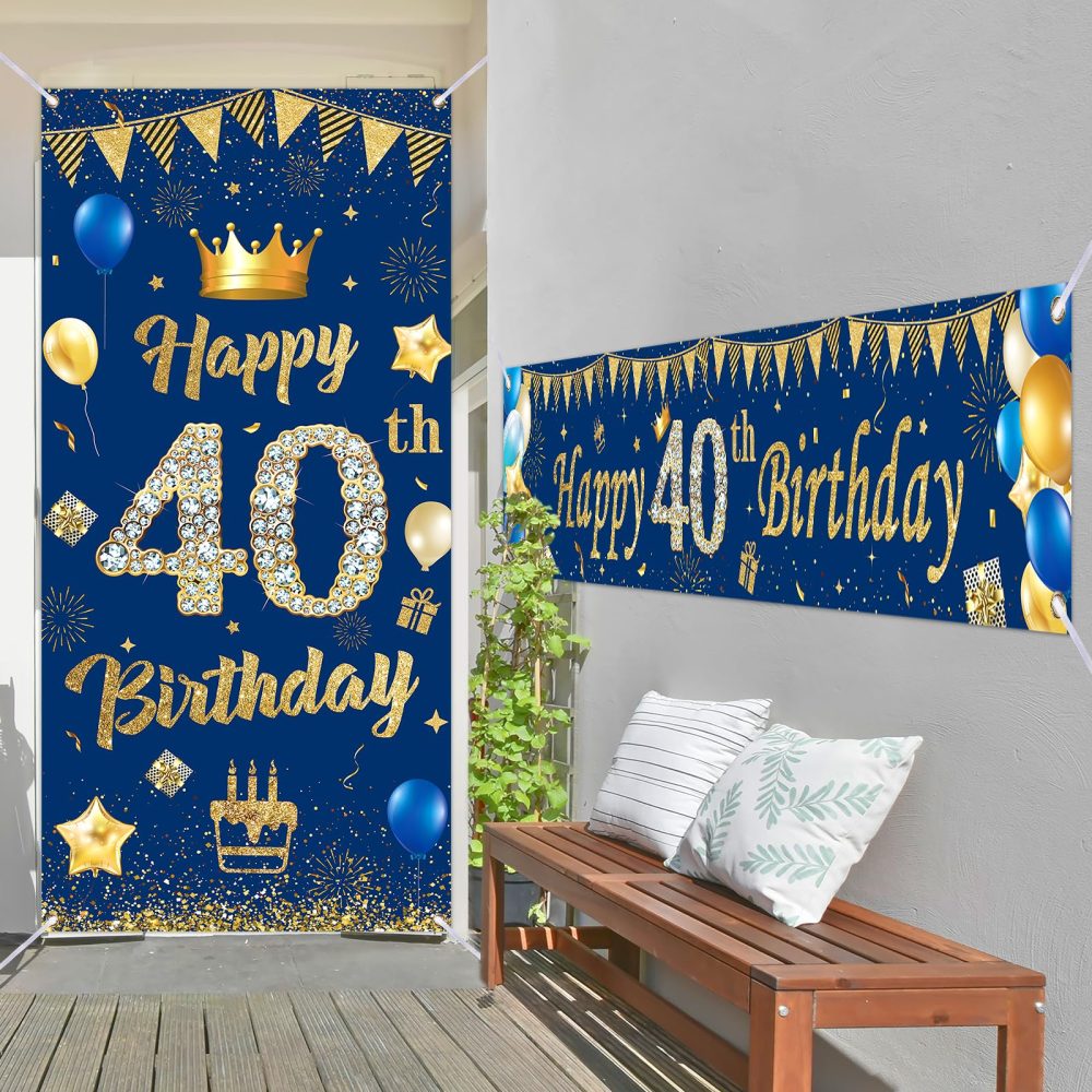 Blue 40th Birthday Decorations for Men Women, Navy Blue Gold Happy 40th Birthday Banner and 40th Birthday Door Banner for 40 Years Old Men Women Anniversary Birthday Party Supplies Porch Sign Decor - Image 5