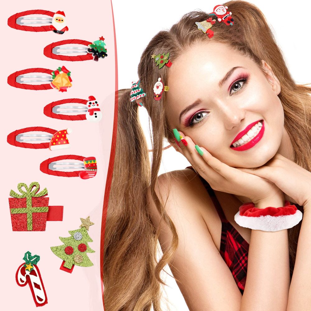 18 Pcs Christmas Hair Accessories for Girls Christmas Hair Clips Sequin Hair Scrunchies Kids Bows Red Hair Clips Hair Ties Snap Barrettes Glitter Elastic Hair Bands Ponytail Holder for Women Girls - Image 4