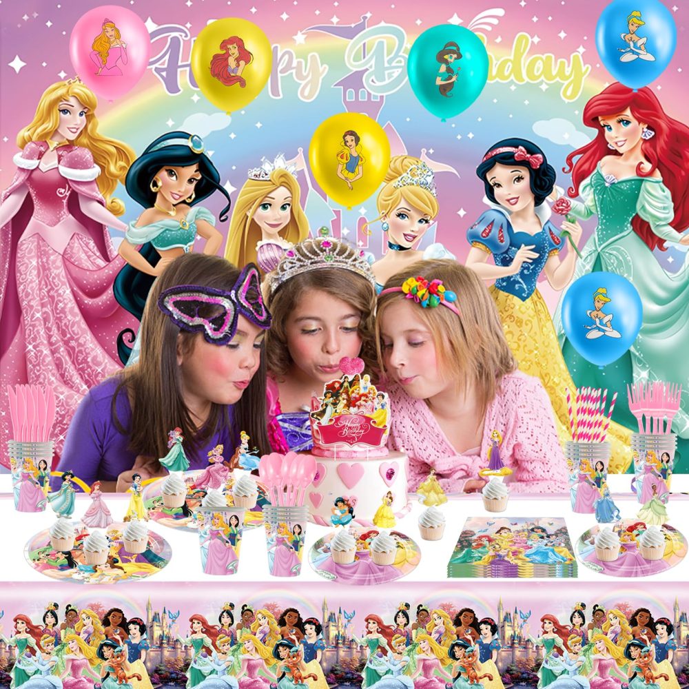 Princess Birthday Party Supplies Set 137Pcs Girls Princess Birthday Tableware Including Happy Birthday Backdrop Plate Balloons Napkins Tablecloth, Princess Theme Party Decorations for 10 People - Image 7