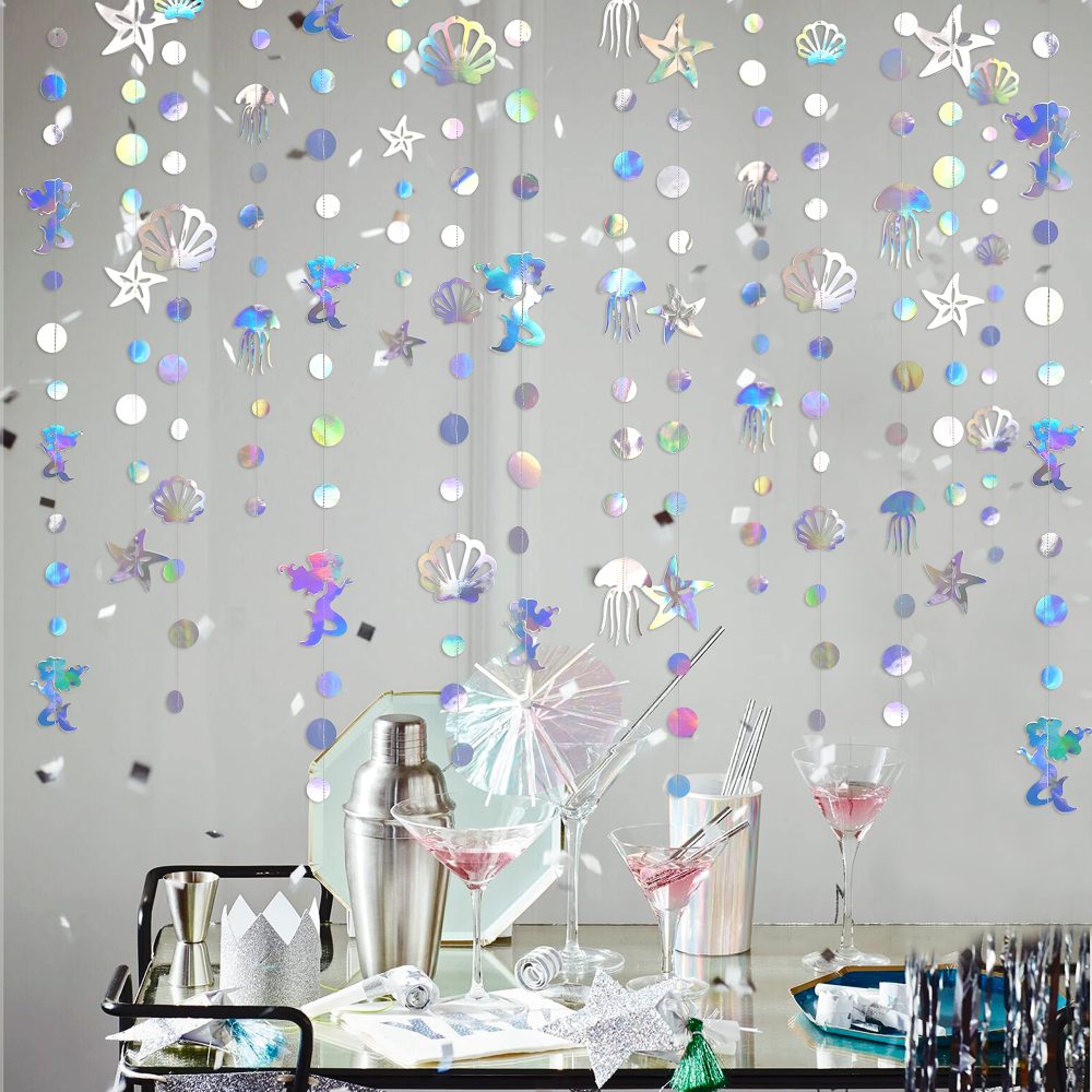 52Ft Iridescent Mermaid Party Decorations Bubble Pearl Starfish Seashell Jellyfish Garland Holographic Paper Bunting Streamers for Kids Birthday Baby Shower Ocean Little Mermaid Under The Sea Decor - Image 2