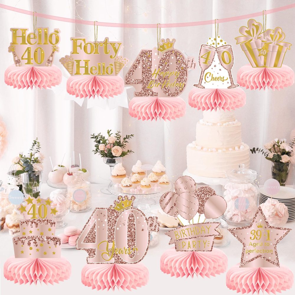 9Pcs 40th Birthday Decorations Pink Rose Gold Honeycomb Centerpieces for Girls,Happy 40th Birthday Table Centerpieces Party Supplies,Forty Year Old Birthday Table Decor - Image 3