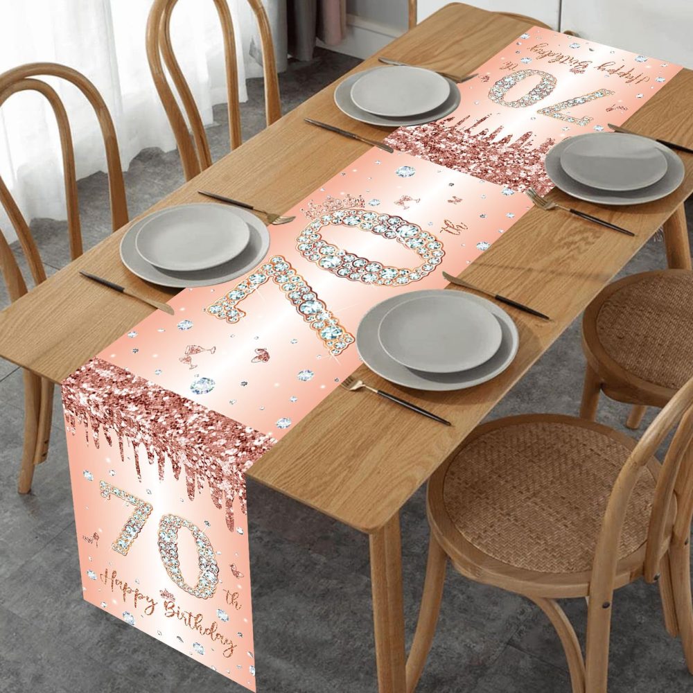 70th Birthday Table Runner Rose Gold Happy 70th Birthday Table Runner for Women Her 70 Years Old Birthday Celebration Party Decorations Non-Slip Dining Table Linen Cover Cloth Decor, 180x35cm Long - Image 5