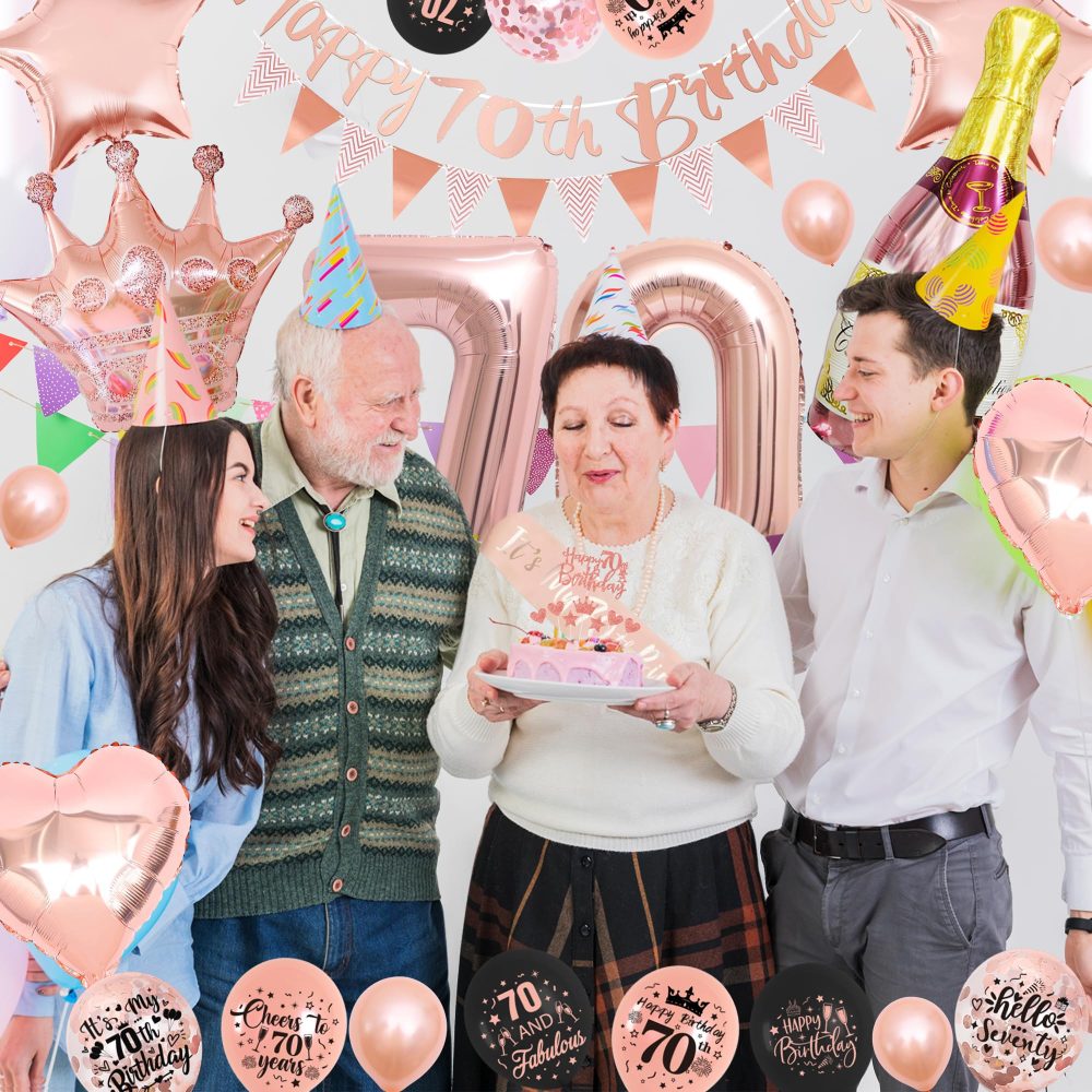 70th Birthday Decorations for Women - Rose Gold Balloons - 70th Rose Gold Birthday Decorations, Banner, Cake Topper, Cupcake Topper - Birthday Party Supplies Kit - Image 4