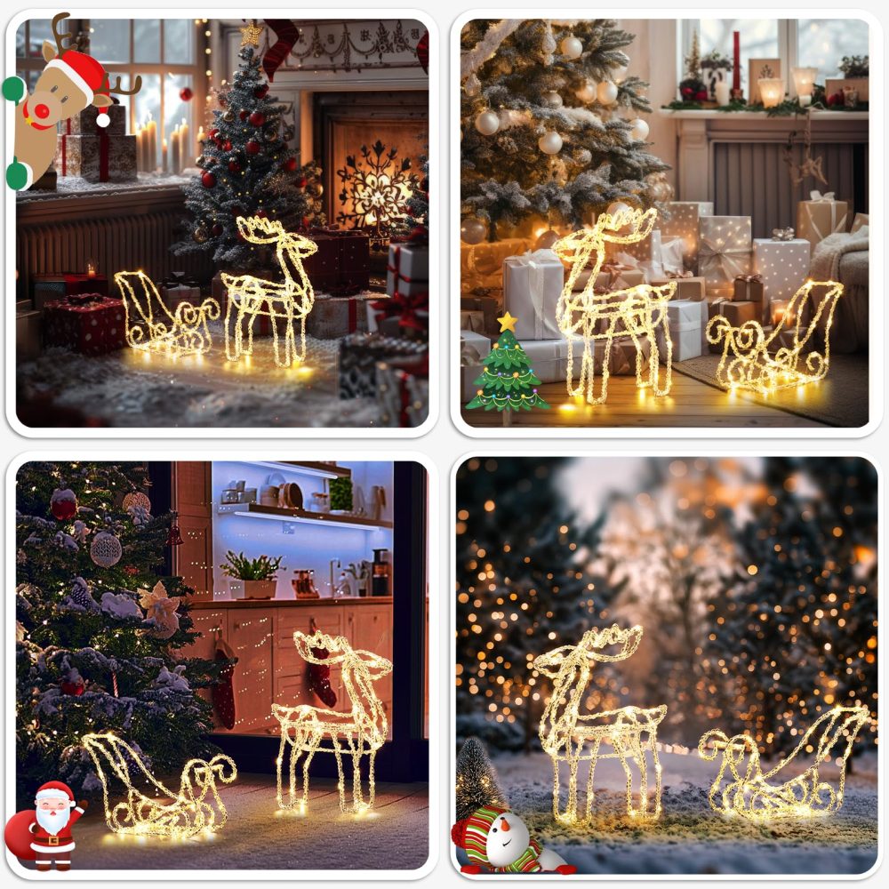 Quntis Reindeer and Sleigh Christmas Decorations Lights Warm White, 35cm 100 Led Reindeer Lights 8 Modes Timer & Memory, IP44 Light Up Reindeer Christmas Decorations Garden Outdoor Indoor Home Gift - Image 2