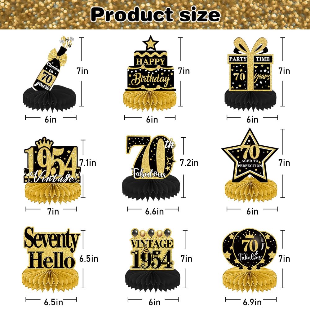 Luvart 70th Birthday Decorations-Black and Gold Table Decorations for Birthday Party 9pcs 70th Birthday Decorations for Men Women Honeycomb Center Decor with Vintage 1954 Birthday Party Supplies - Image 6