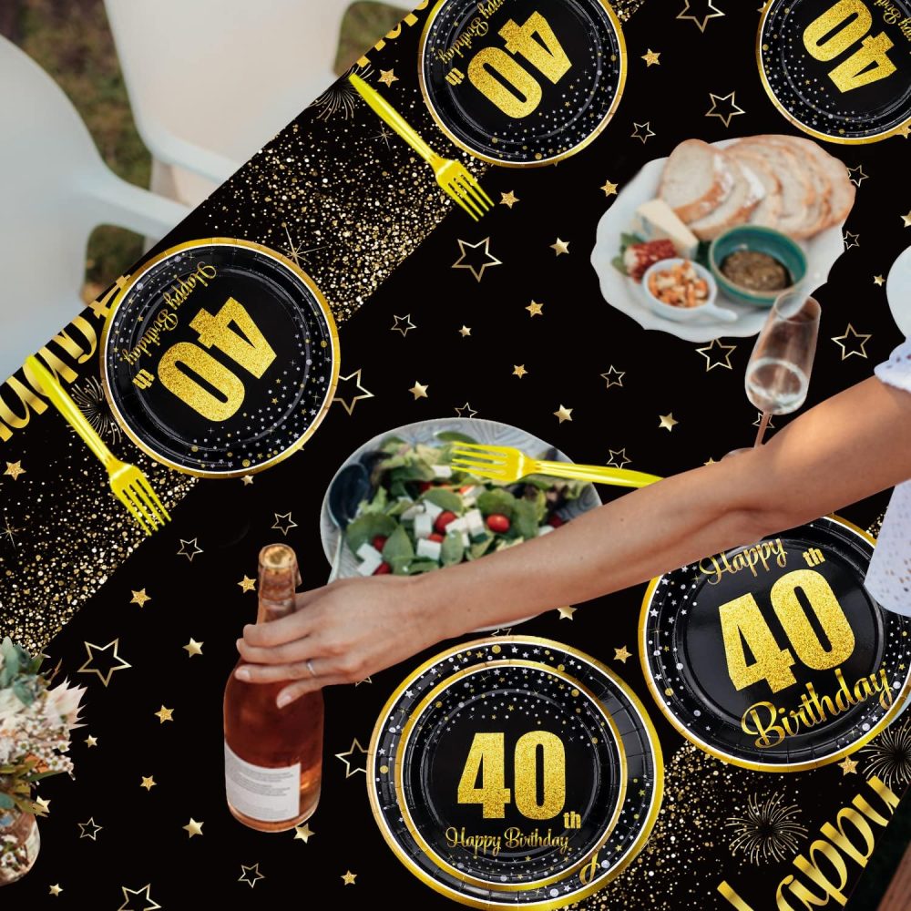 40th Birthday Decorations for Women and Men - 61Pcs Plates Napkins 40th Tablecloth Black and Gold Party Decorations Serve 20 - Image 2